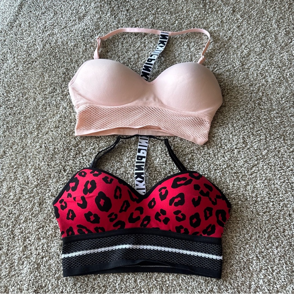 PINK by Victoria's Secret Light Pink & Red Leopard Bralette Duo